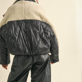 Cozy Shearling Collar Quilted Puffer Jacket - Black/Tan