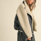 Cozy Shearling Collar Quilted Puffer Jacket - Black/Tan
