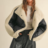 Cozy Shearling Collar Quilted Puffer Jacket - Black/Tan