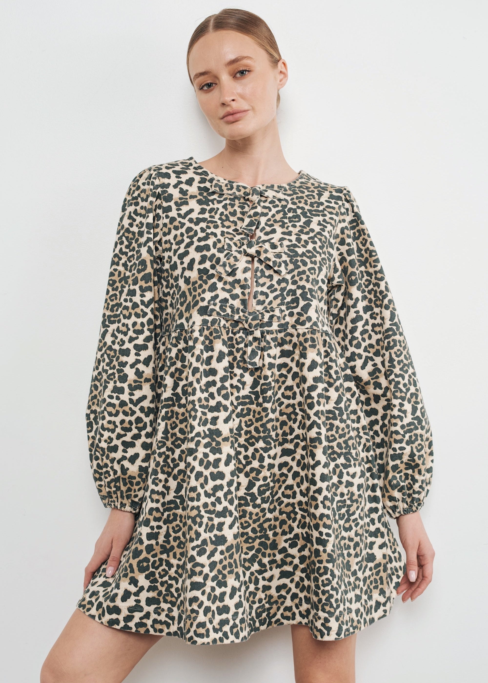 Amara Bow Leopard Print Denim Mini Dress - alldeserved.com