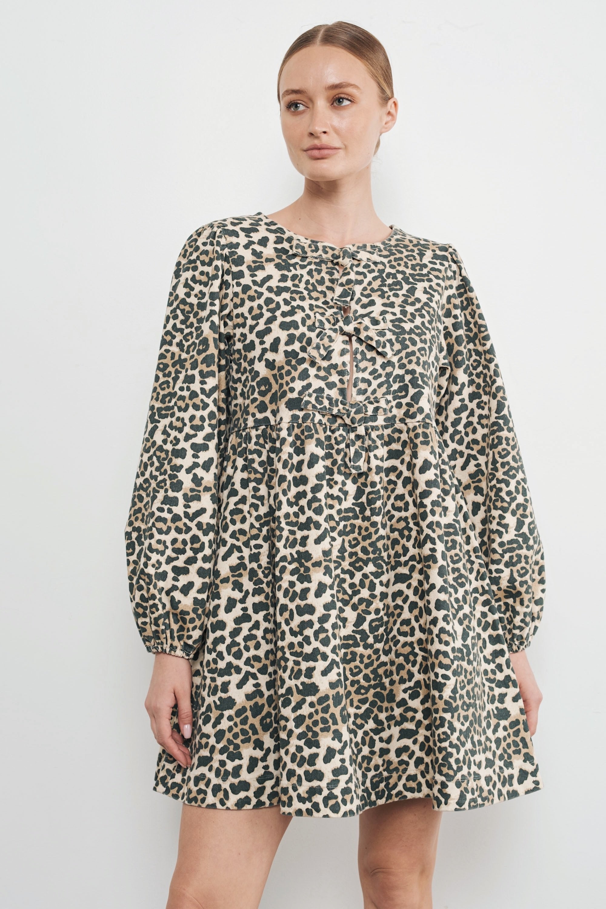 Amara Bow Leopard Print Denim Mini Dress - alldeserved.com