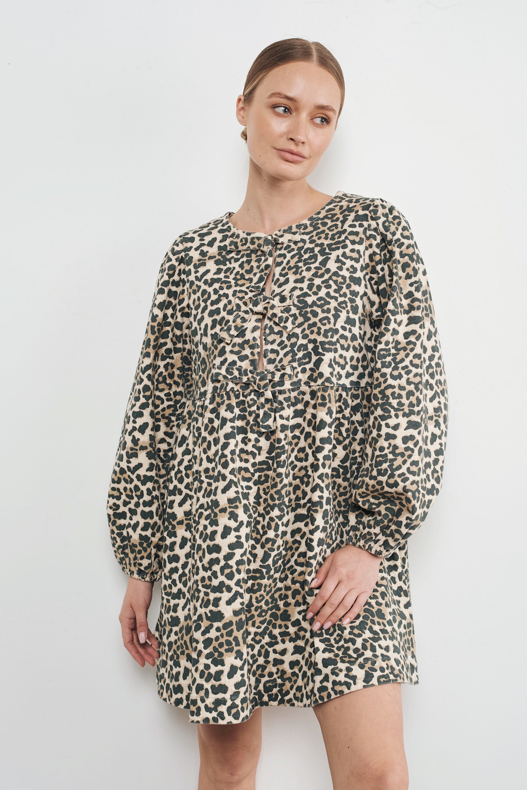 Amara Bow Leopard Print Denim Mini Dress - alldeserved.com