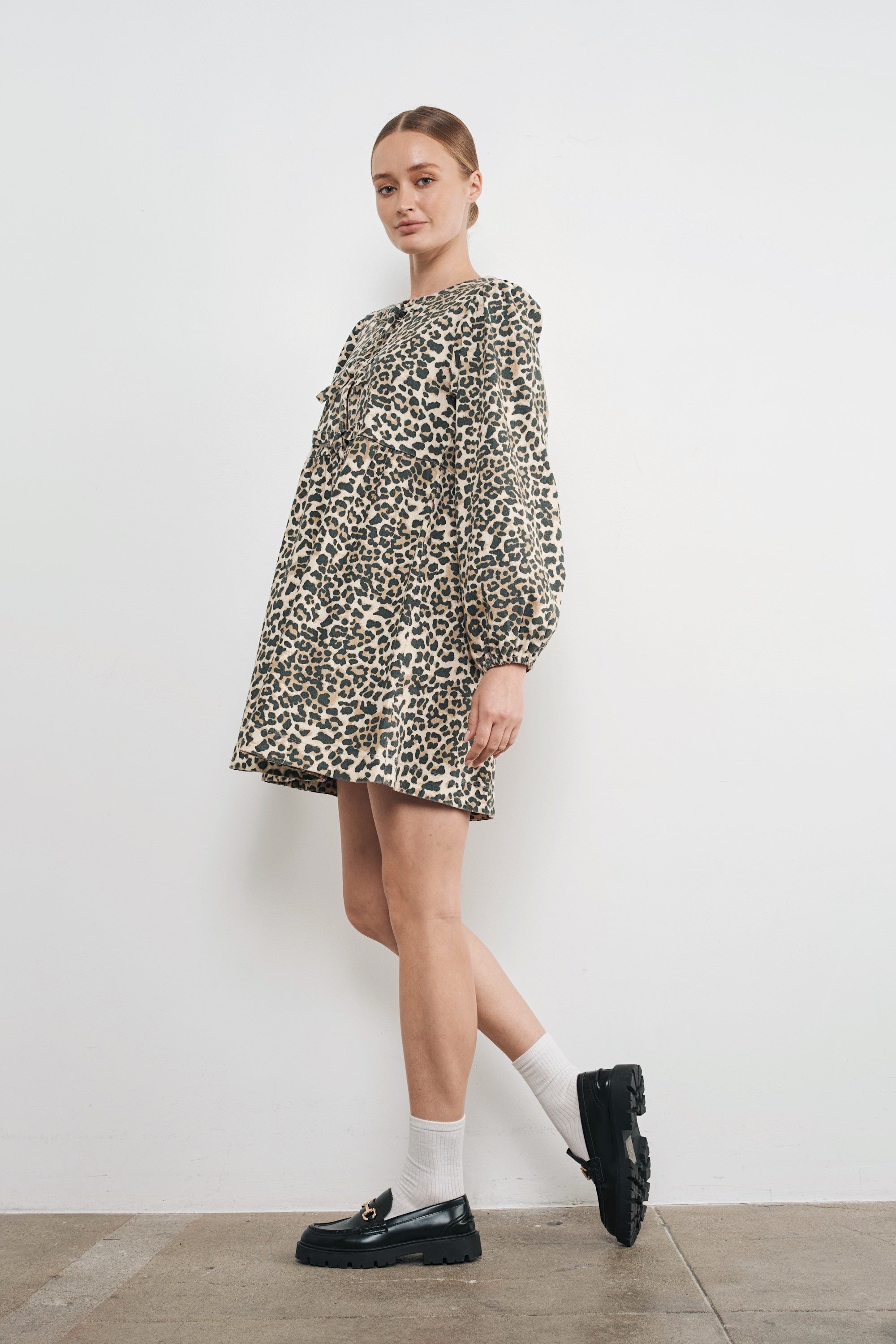 Amara Bow Leopard Print Denim Mini Dress - alldeserved.com