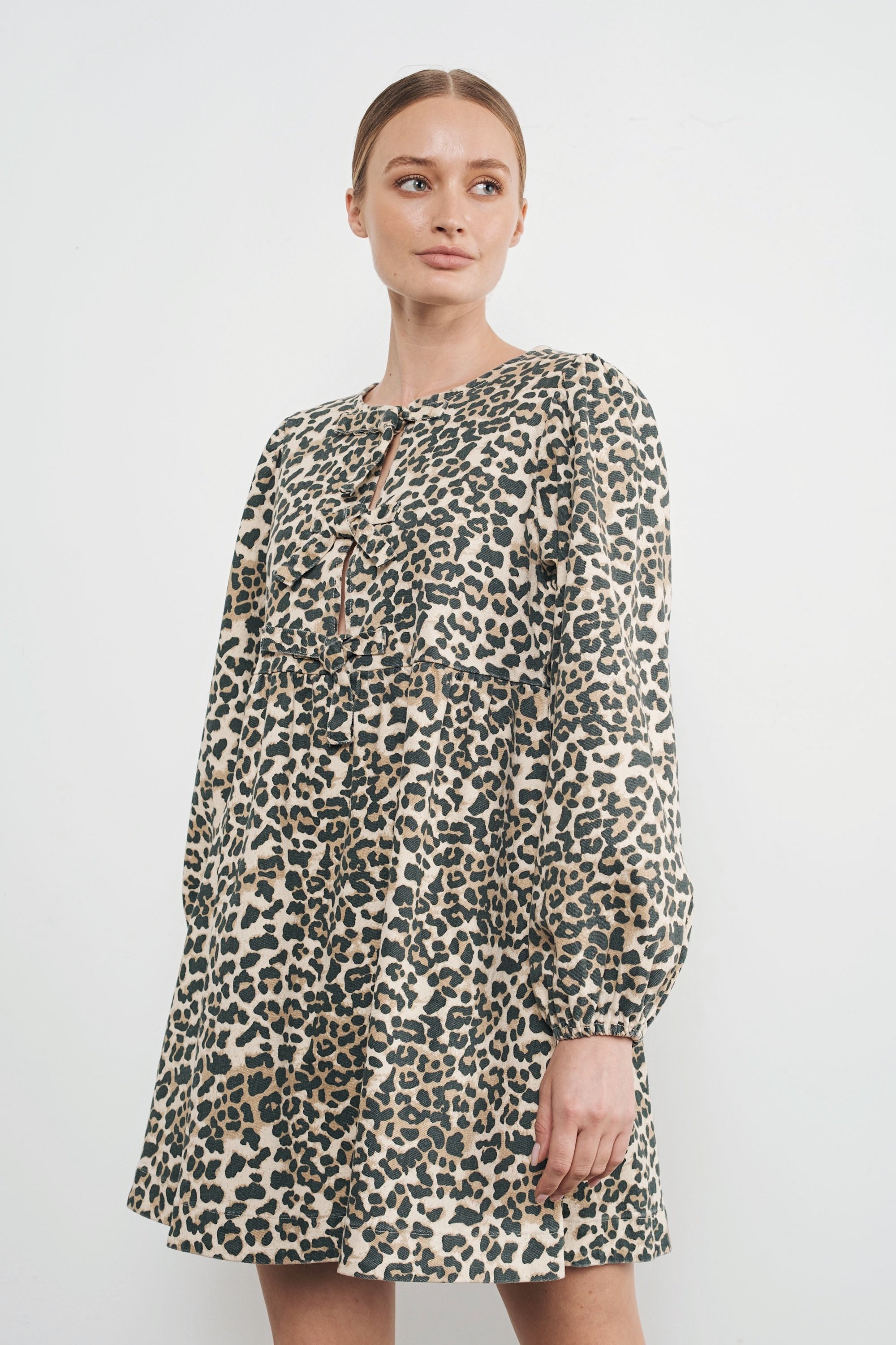 Amara Bow Leopard Print Denim Mini Dress - alldeserved.com