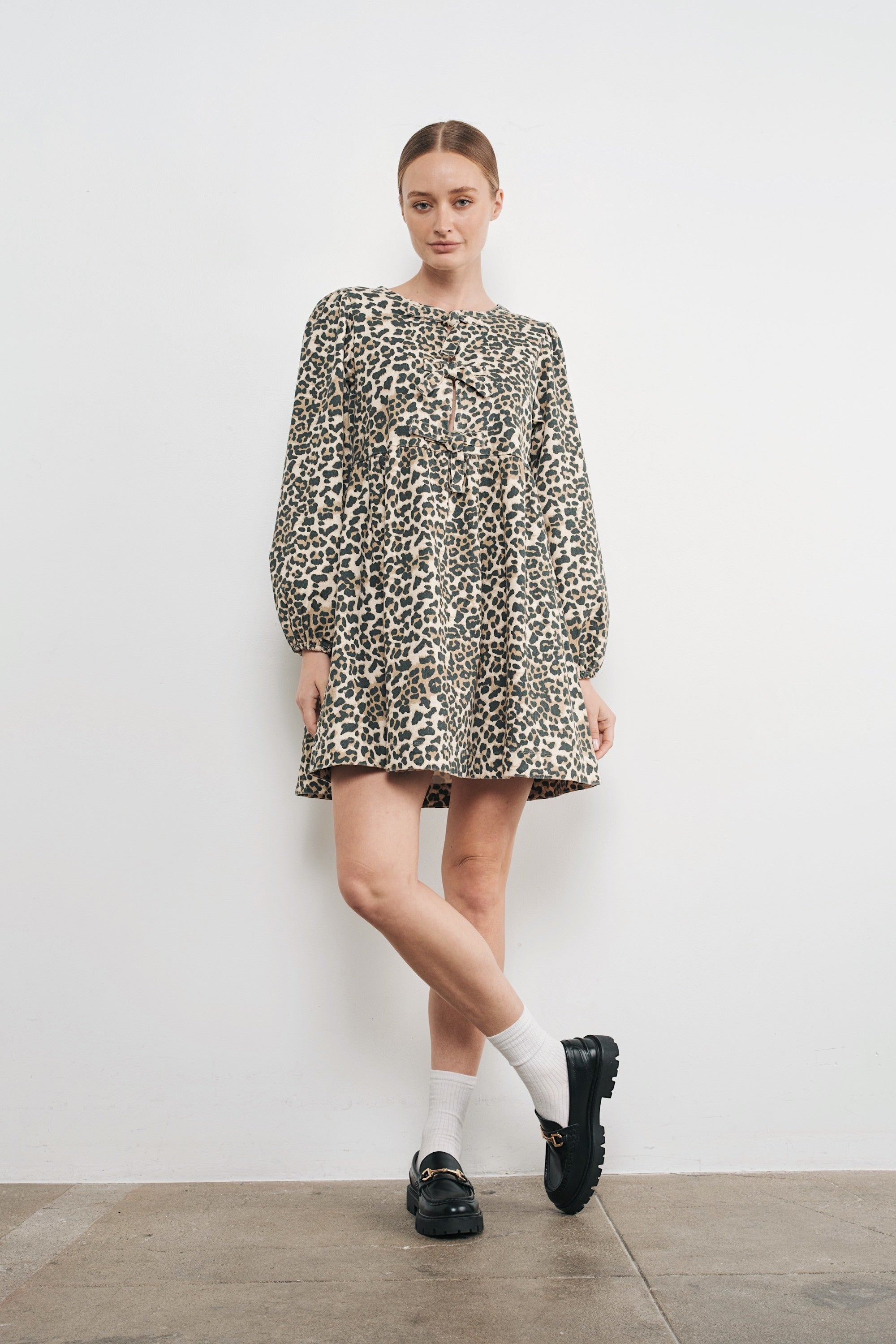 Amara Bow Leopard Print Denim Mini Dress - alldeserved.com