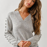 Phoebe Pompom Sleeve Sweater - Grey