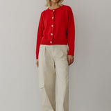Hayes Crew Neck Button-Down Cardigan - Red