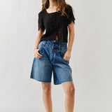 Double Waisted Denim Bermuda Shorts – Button Closure