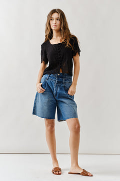 Double Waisted Denim Bermuda Shorts – Button Closure