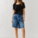 Double Waisted Denim Bermuda Shorts – Button Closure