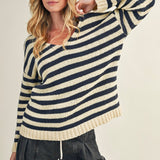 Cozy Stripe V Neck Oversized Sweater - Navy/Ivory