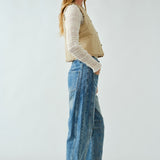 Floral Embroidered Barrel Leg Jeans - Medium Wash