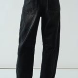Floral Embroidered Barrel Leg Jeans - Faded Black