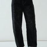 Floral Embroidered Barrel Leg Jeans - Faded Black