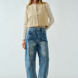 Floral Embroidered Barrel Leg Jeans - Medium Wash