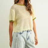 Scalloped Mesh Knit Short Sleeve Top - Cream/Sage