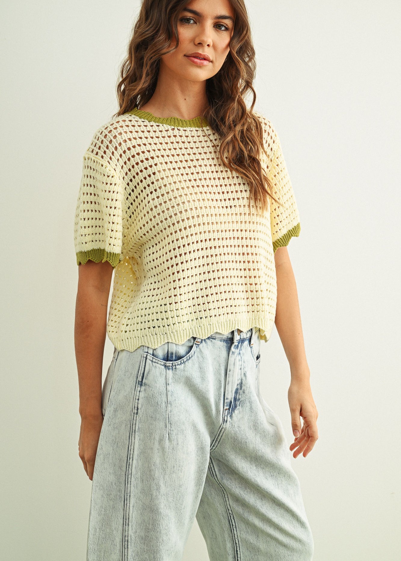Scalloped Mesh Knit Short Sleeve Top - Cream/Sage