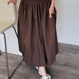 Cotton Poplin Bubble-Hem Midi Skirt- Brown
