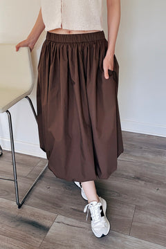 Cotton Poplin Bubble-Hem Midi Skirt- Brown