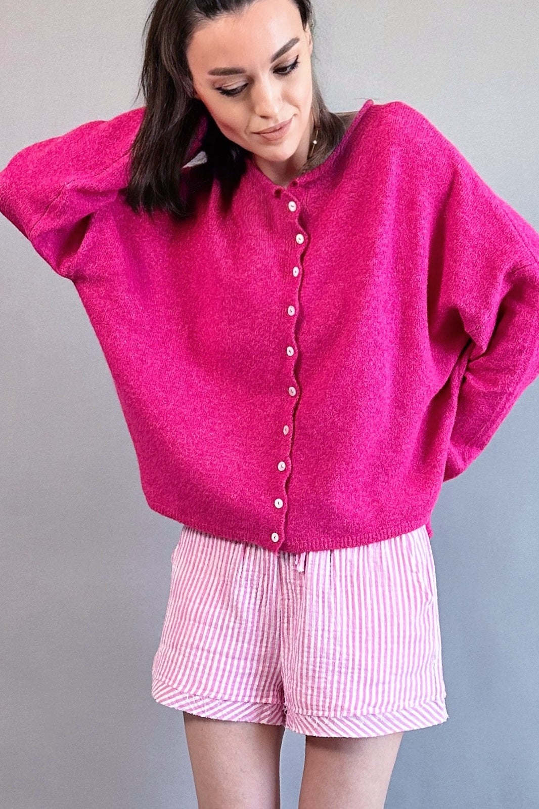 Hailey Button Down Cardigan - Fuchsia