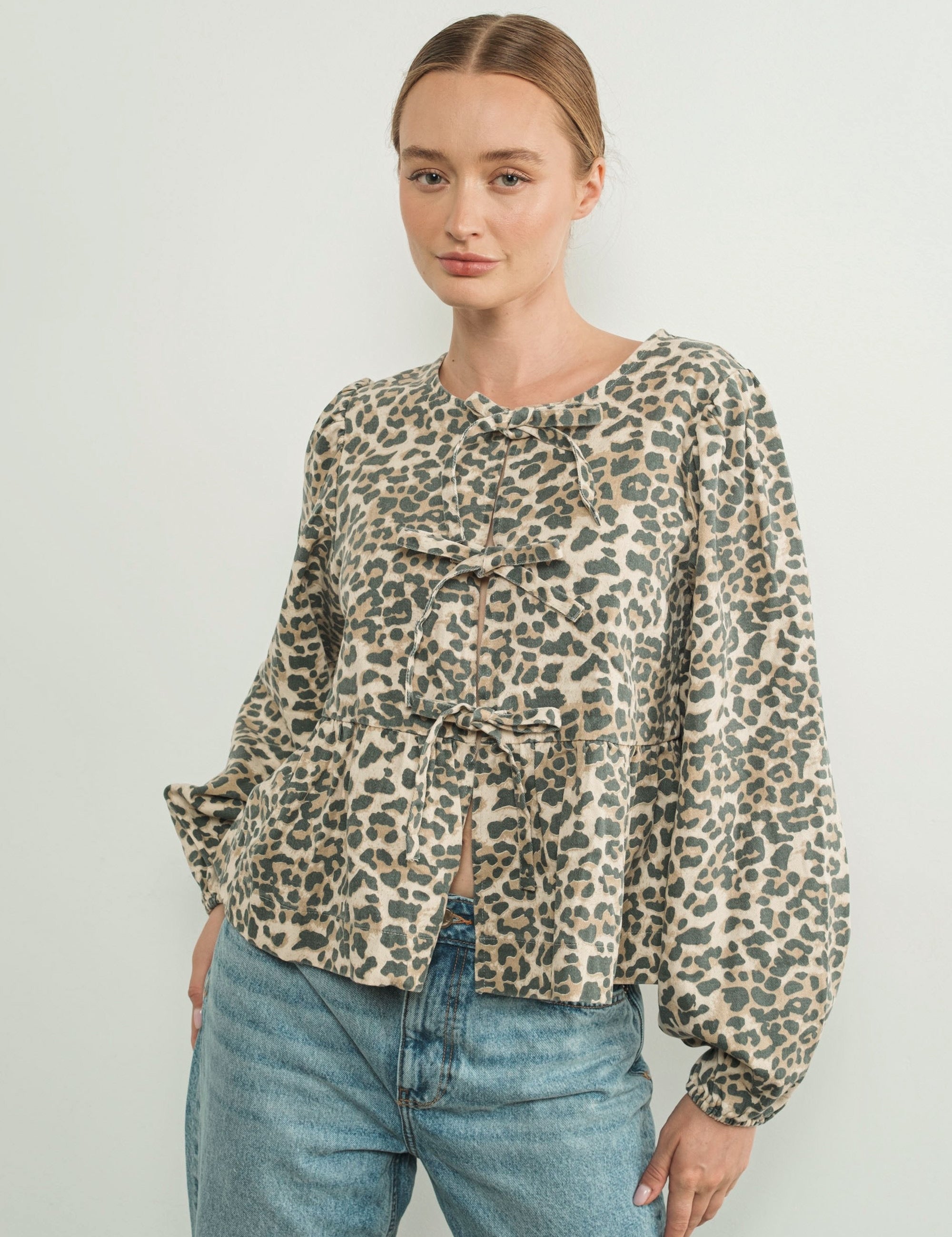 Amara Bow Leopard Denim Blouse - alldeserved.com
