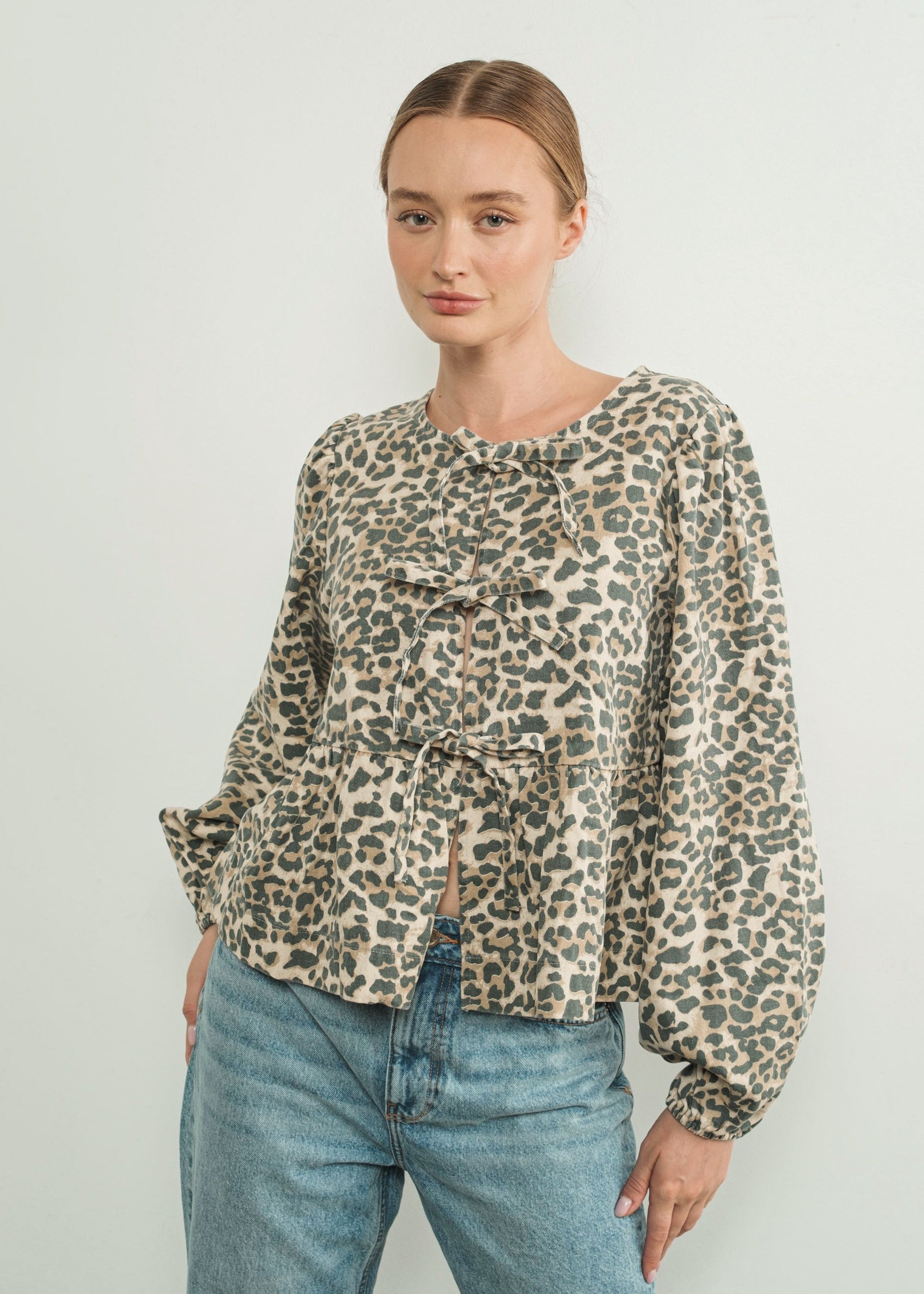 Amara Bow Leopard Denim Blouse - alldeserved.com