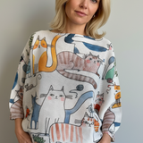 Livia Made in Italy Batwing Printed Sweater -  Playful Cats Print