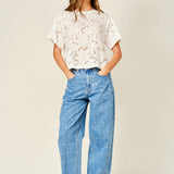 Front view of Truro High Rise Barrel Jeans in Denim Polka Dot featuring a softly tapered barrel leg - full outfit