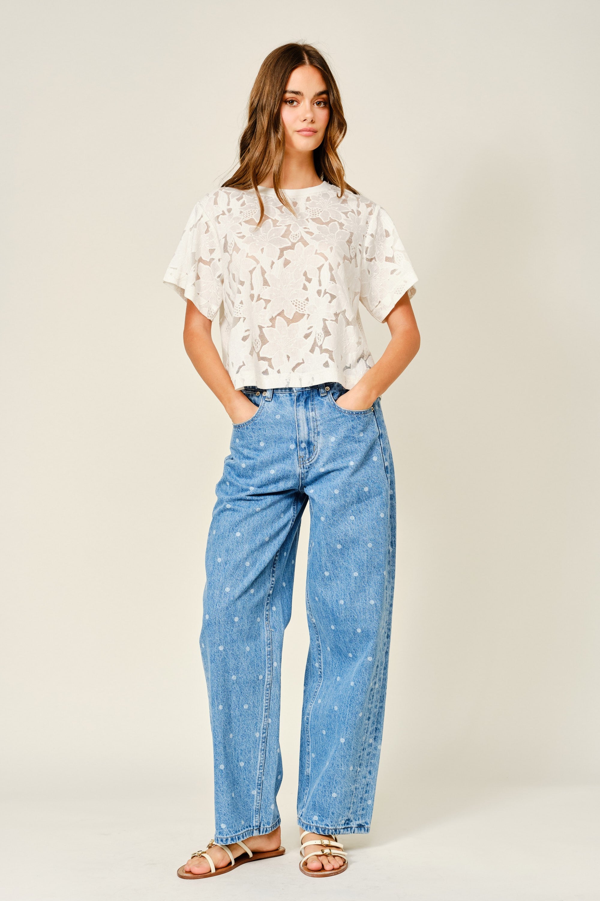Front view of Truro High Rise Barrel Jeans in Denim Polka Dot featuring a softly tapered barrel leg - full outfit