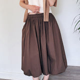 Cotton Poplin Bubble-Hem Midi Skirt- Brown
