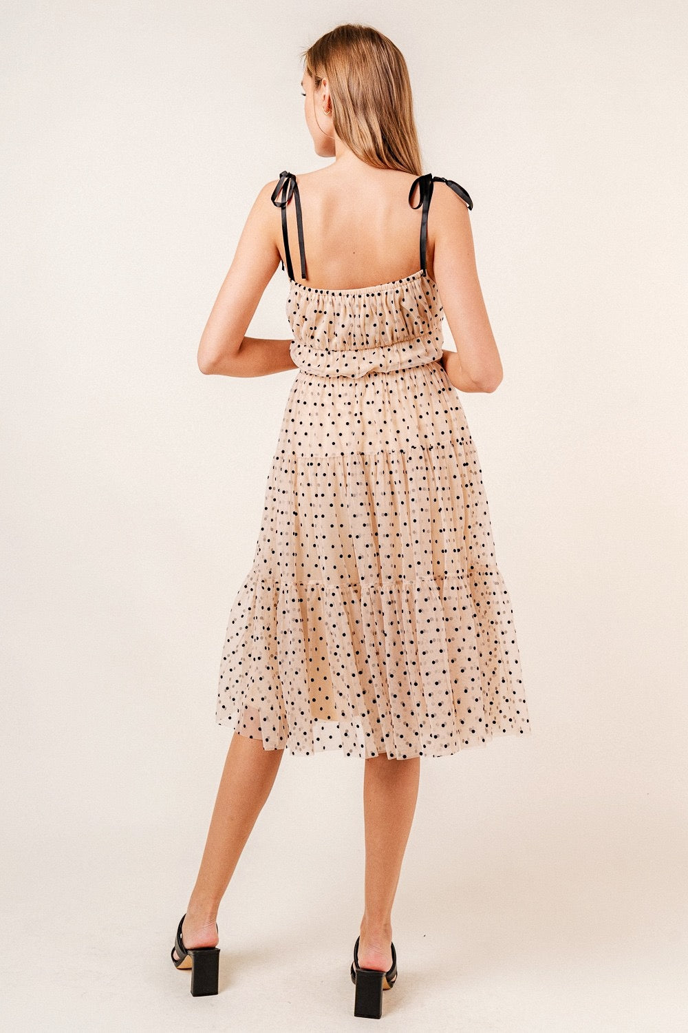Perfect Day Tiered Polka Dot Midi Dress – Beige