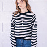 Hailey Button Down Cardigan - Ivory/Black striped