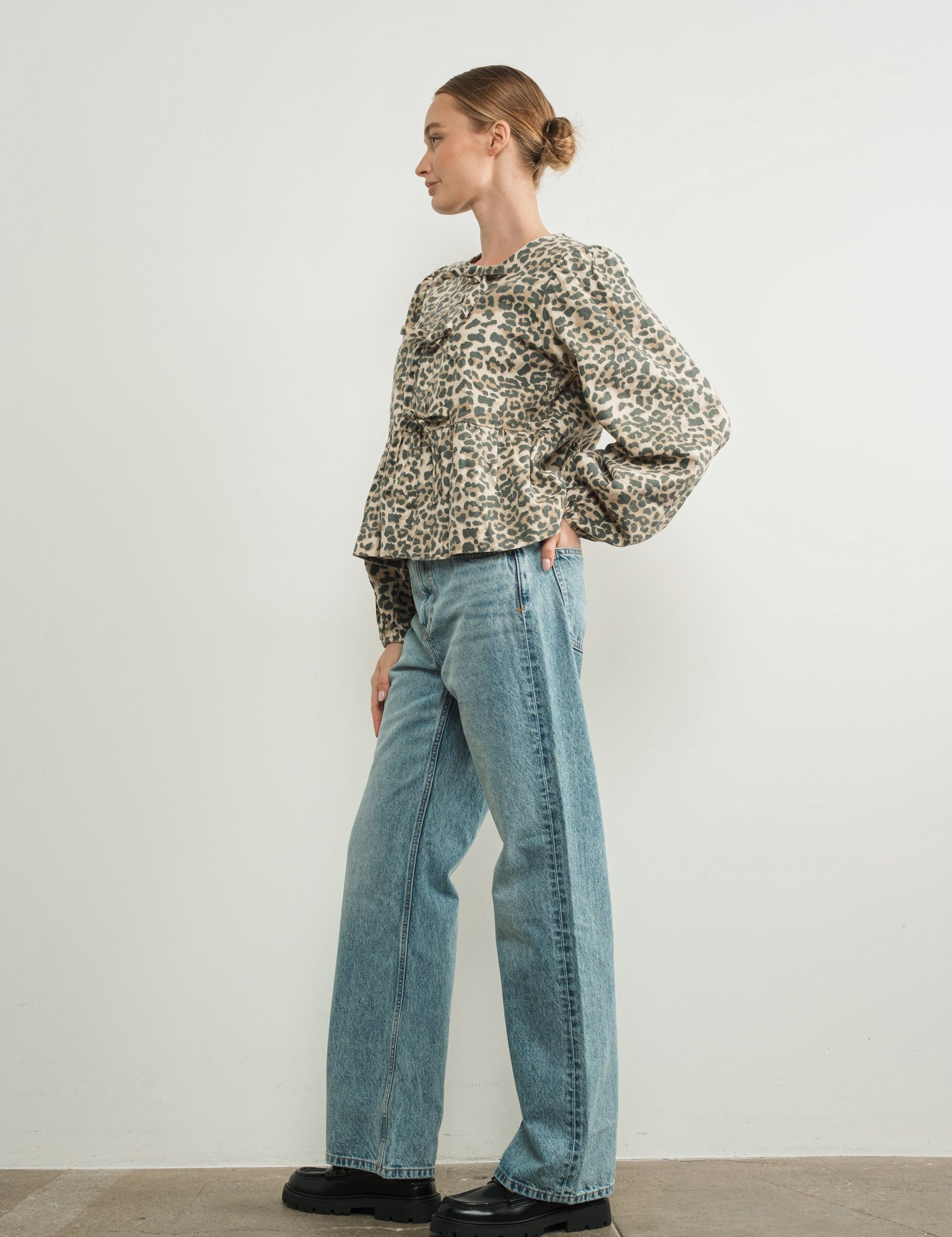 Amara Bow Leopard Denim Blouse - alldeserved.com