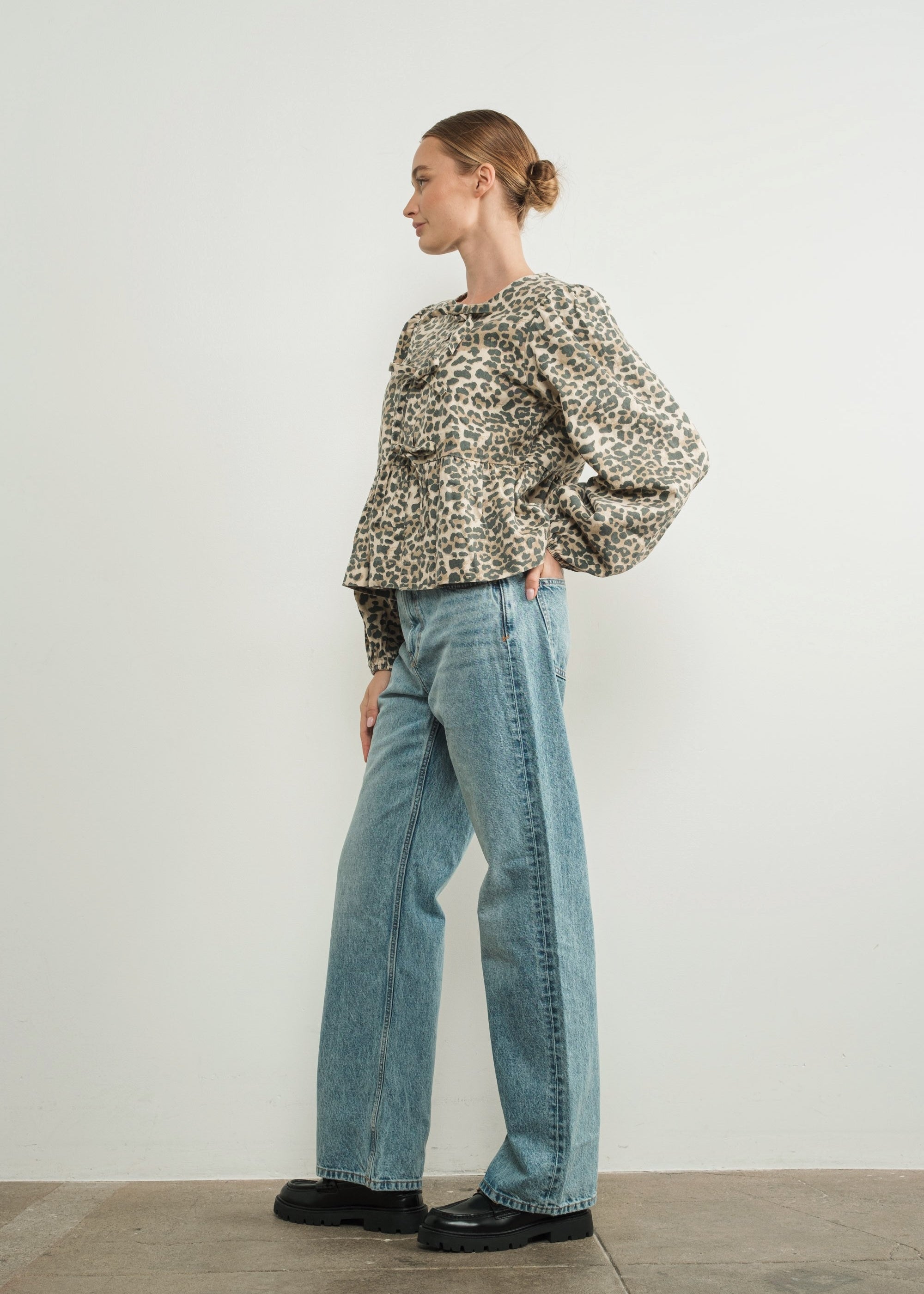 Amara Bow Leopard Denim Blouse - alldeserved.com