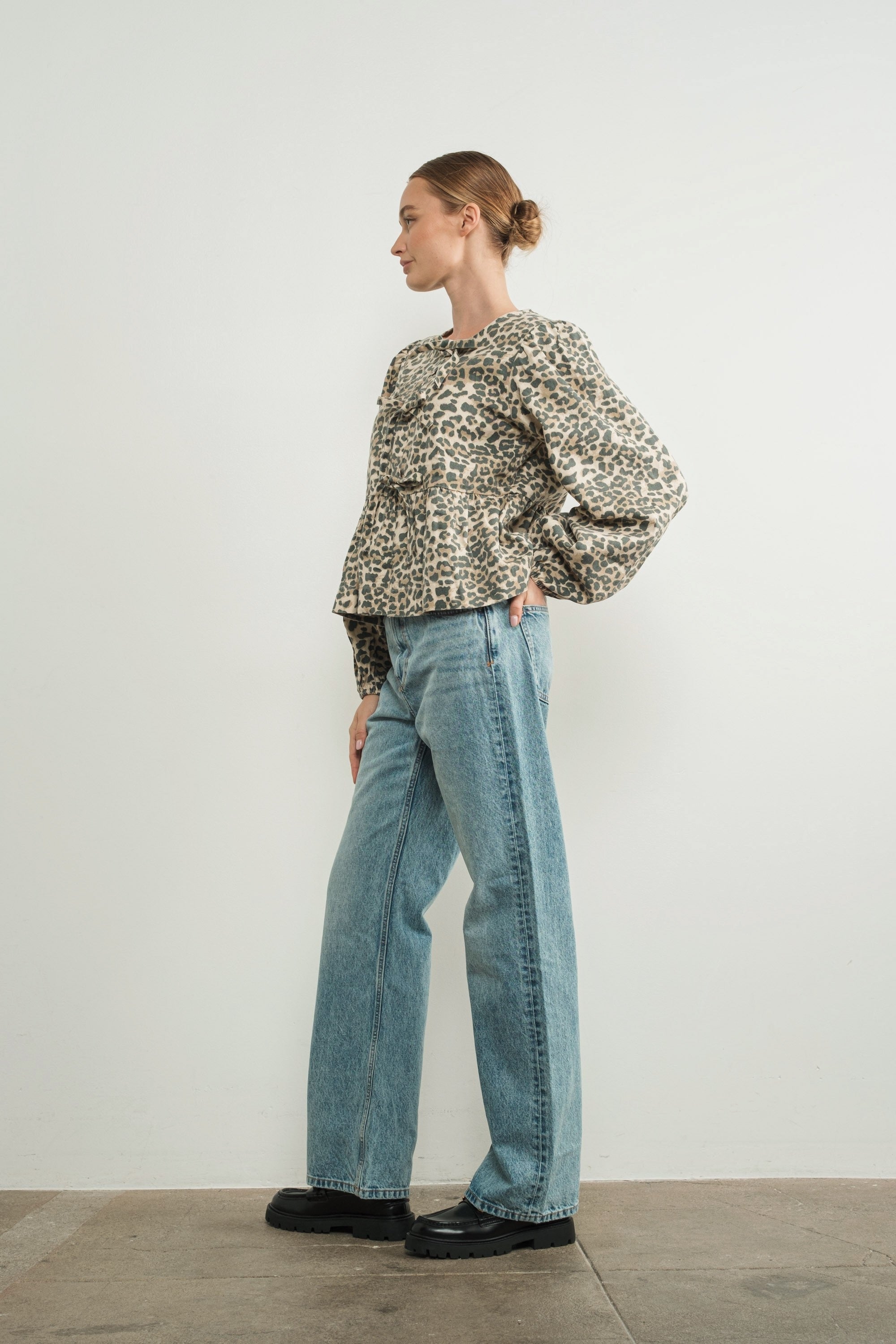 Amara Bow Leopard Denim Blouse - alldeserved.com