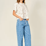 Side view of Truro High Rise Barrel Jeans in Denim Polka Dot featuring a softly tapered barrel leg - full outfit