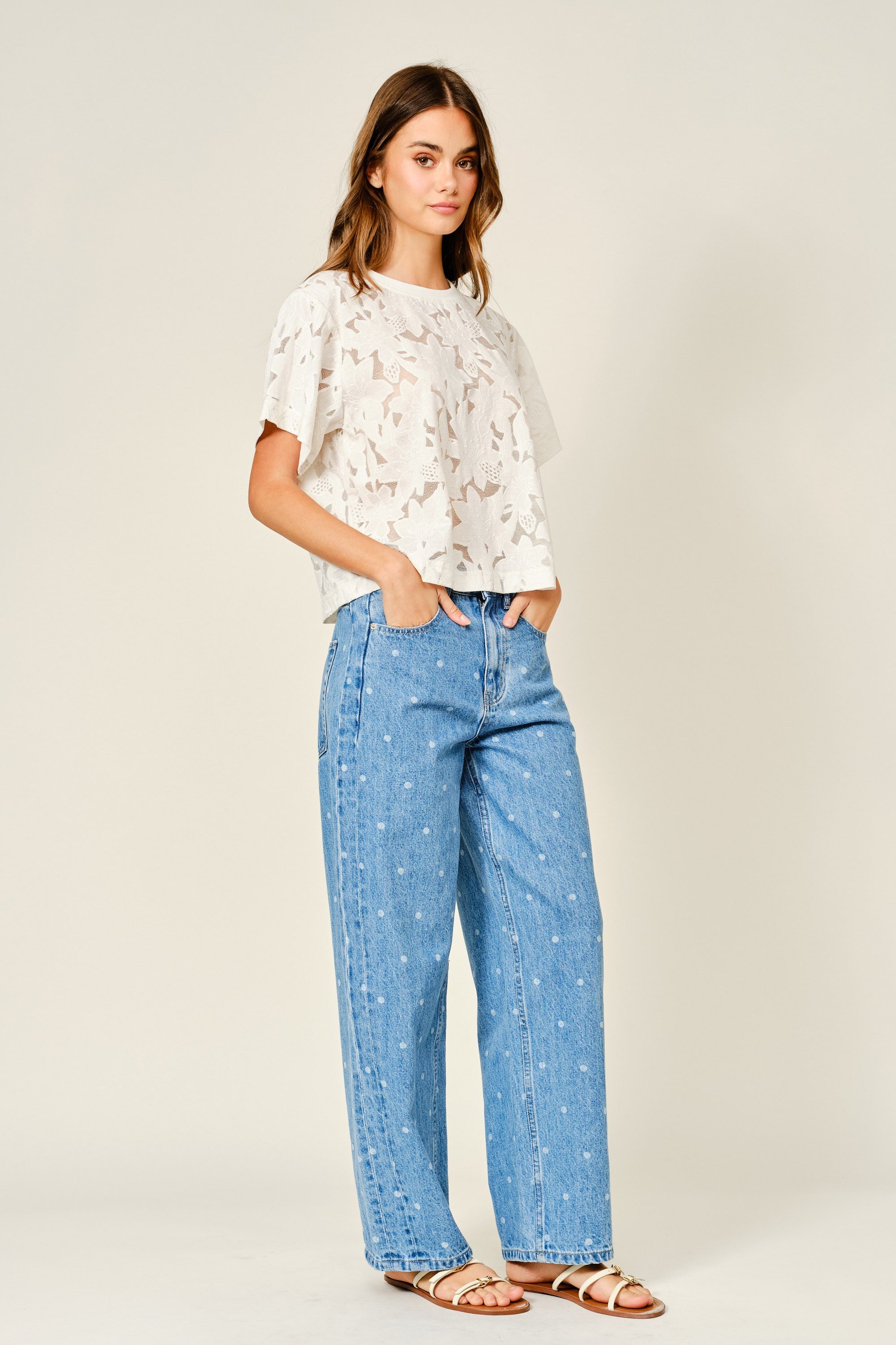 Side view of Truro High Rise Barrel Jeans in Denim Polka Dot featuring a softly tapered barrel leg - full outfit