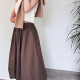 Cotton Poplin Bubble-Hem Midi Skirt- Brown