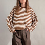 Hailey Button Down Cardigan in Ivory Brown Stripe front view styled with brown shorts, lightweight striped cardigan outfit