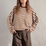 Hailey Button Down Cardigan in Ivory Brown Stripe front view styled with brown shorts, lightweight striped cardigan outfit