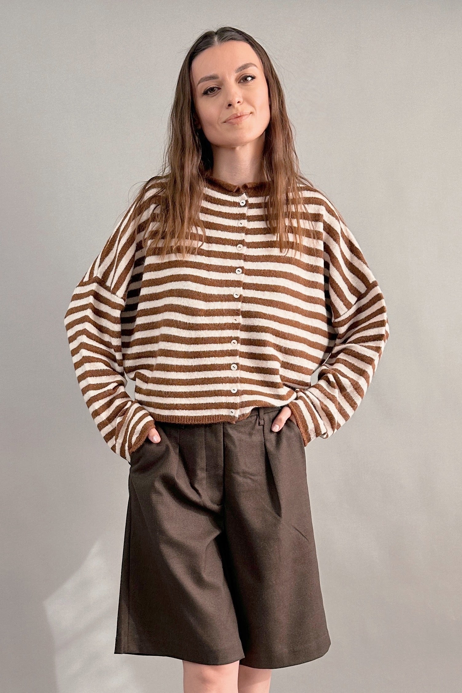 Hailey Button Down Cardigan in Ivory Brown Stripe front view styled with brown shorts, lightweight striped cardigan outfit
