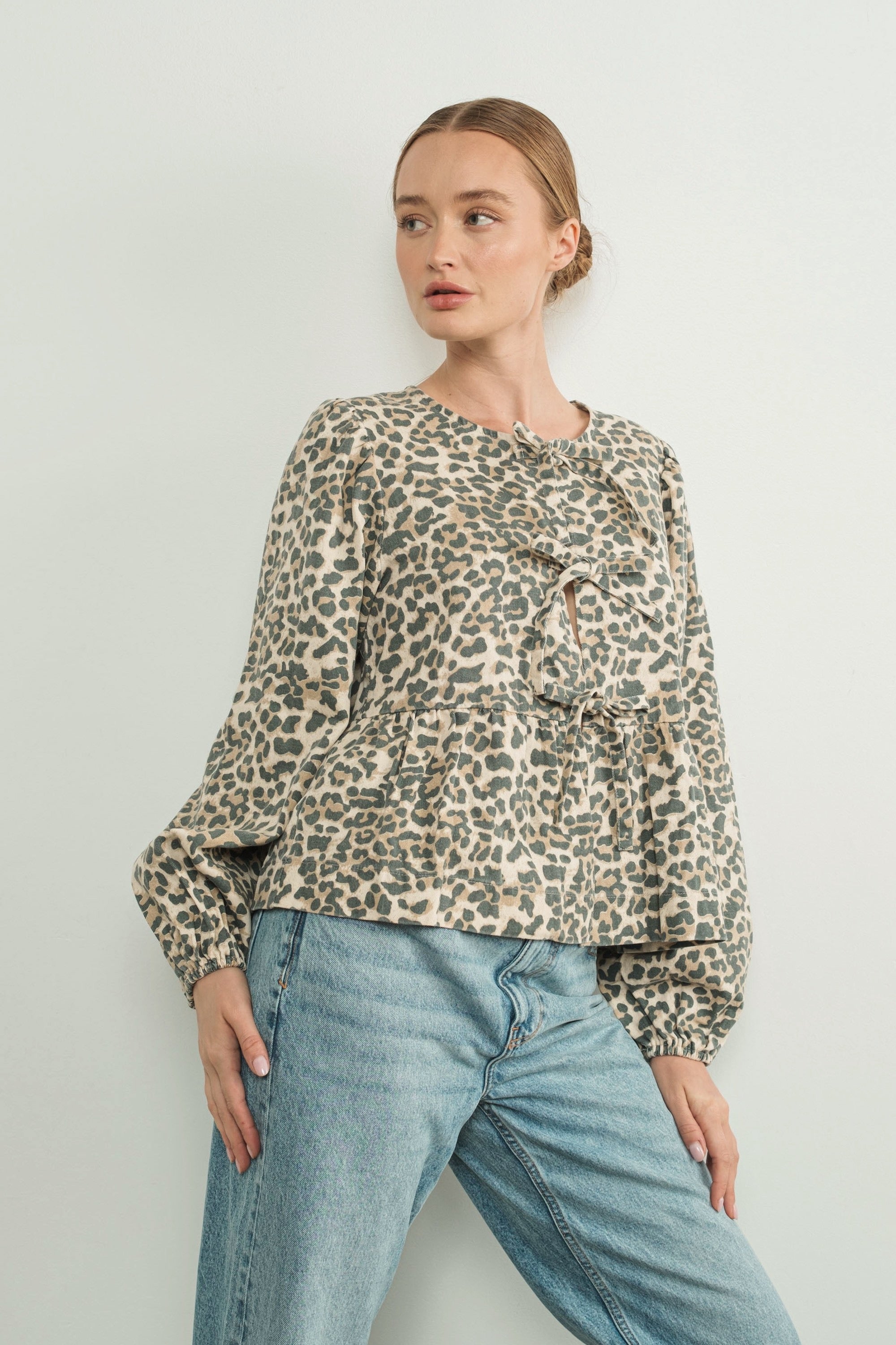 Amara Bow Leopard Denim Blouse - alldeserved.com