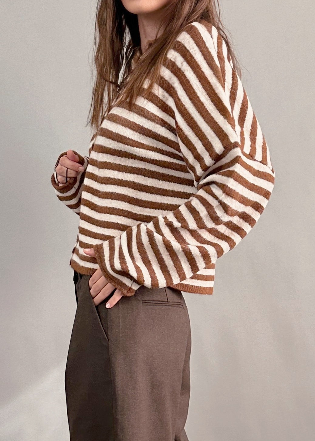 Things Between Piper Cardigan Striped Ivory Brown - side view