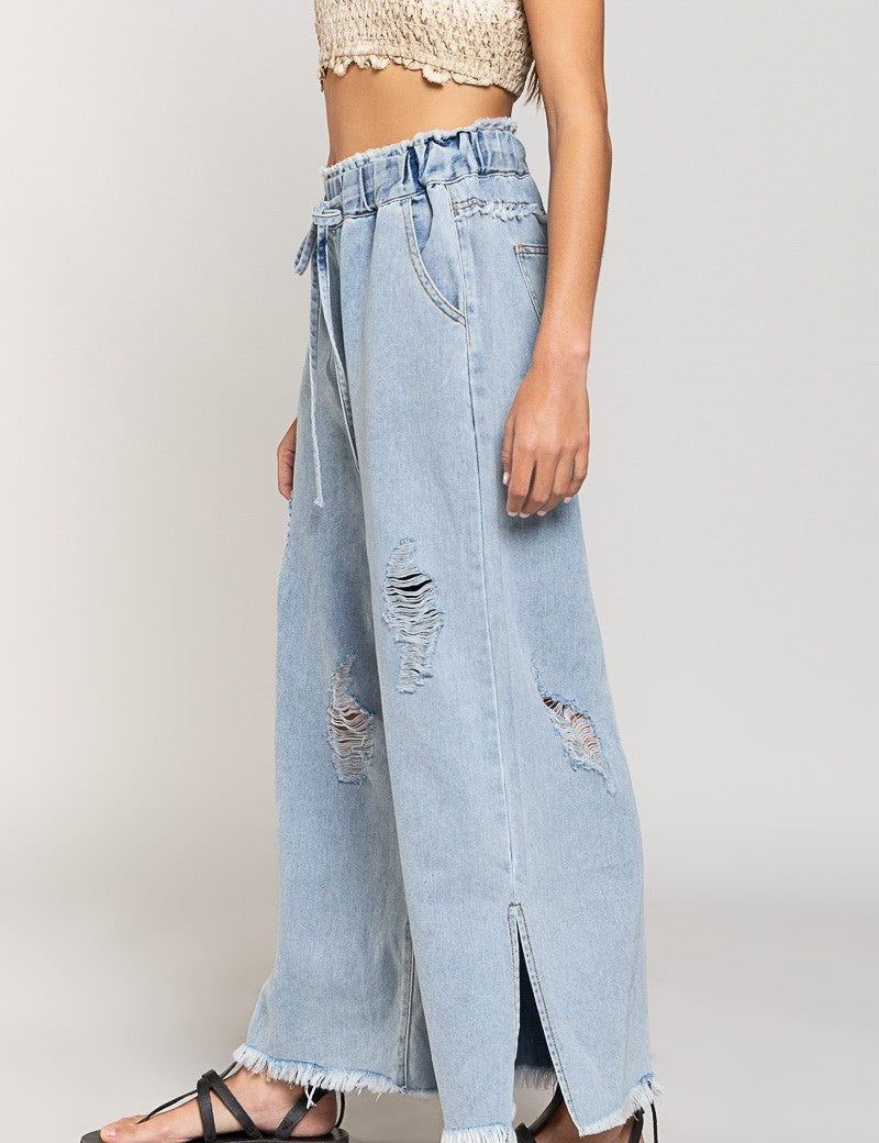 Del Mar Wide Leg Distressed Pants - alldeserved.com
