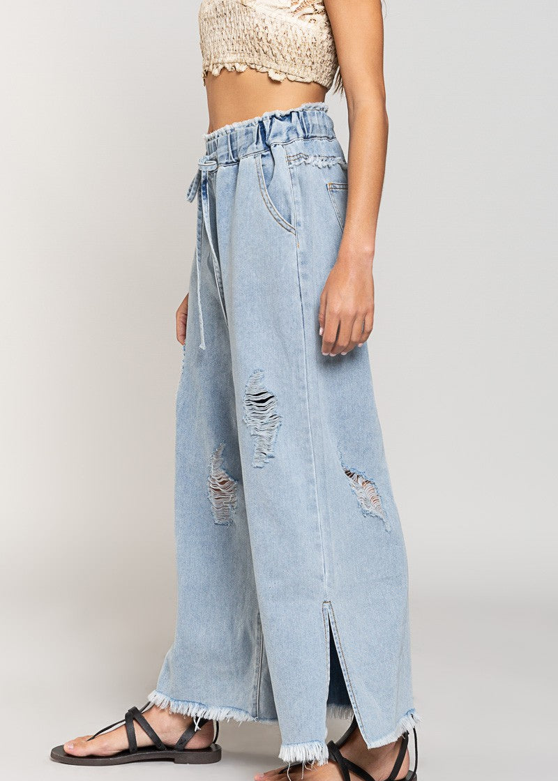 Del Mar Wide Leg Distressed Pants - alldeserved.com