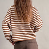 Back view of Hailey Button Down Cardigan in Ivory Brown Stripe styled with brown shorts, casual everyday look