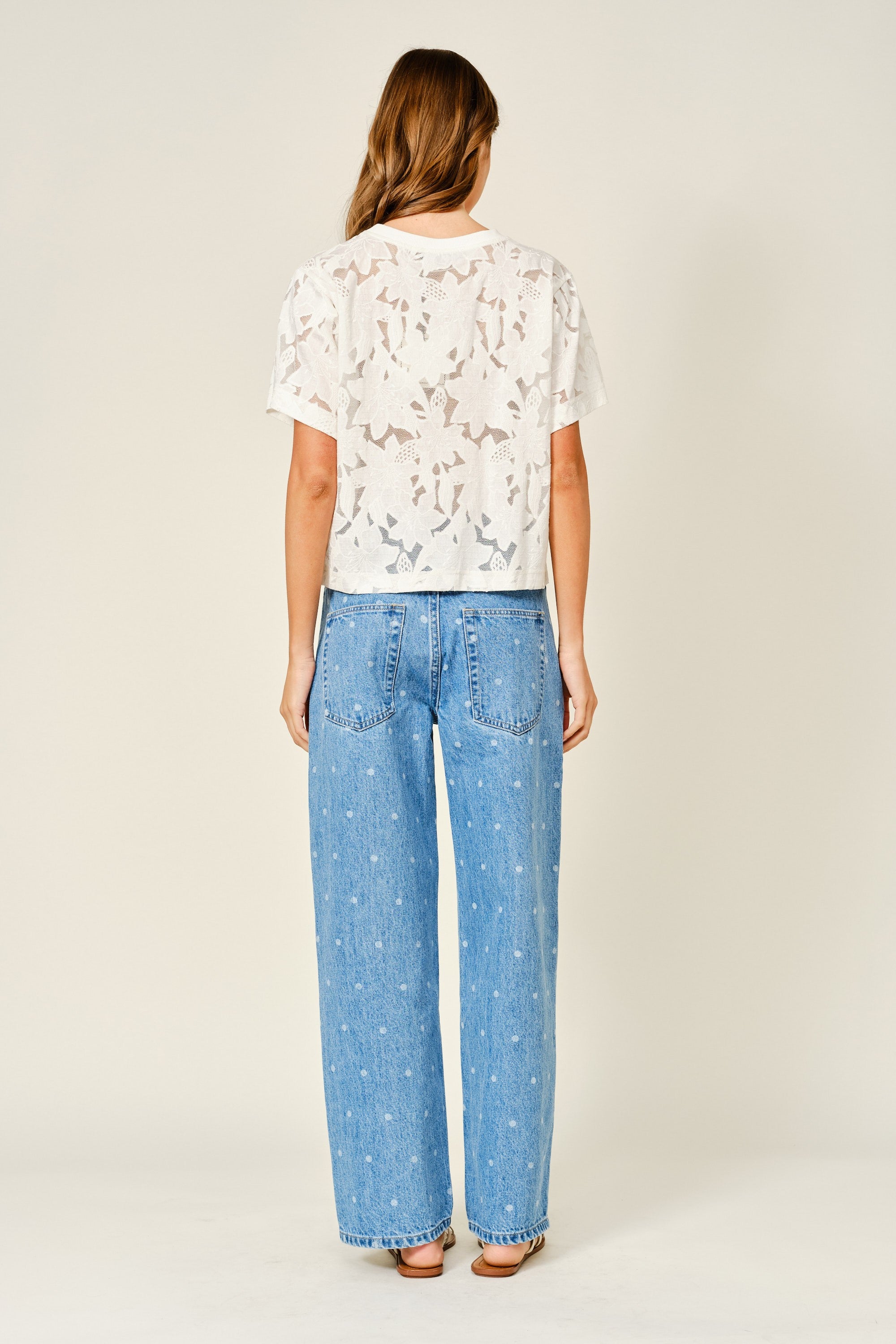 Back view of Truro High Rise Barrel Jeans in Denim Polka Dot featuring a softly tapered barrel leg - full outfit