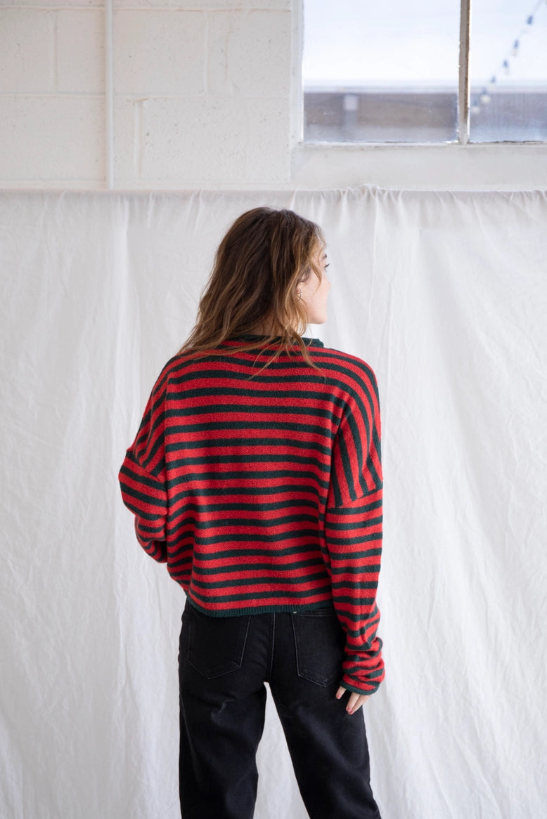 Hailey Button Down Cardigan - Red/Green striped