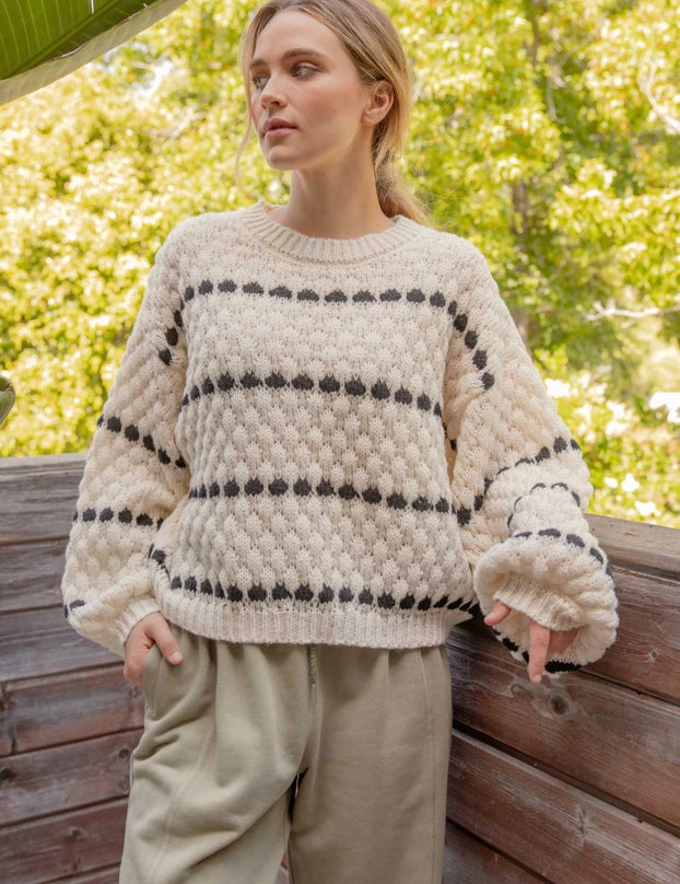 Textured Knit Balloon Sleeve Sweater - alldeserved.com