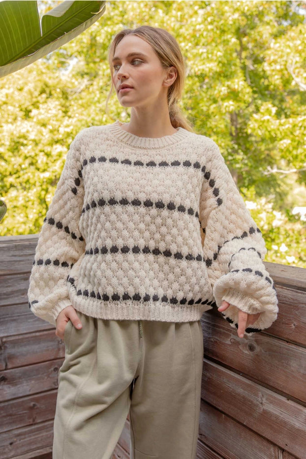 Textured Knit Balloon Sleeve Sweater - alldeserved.com